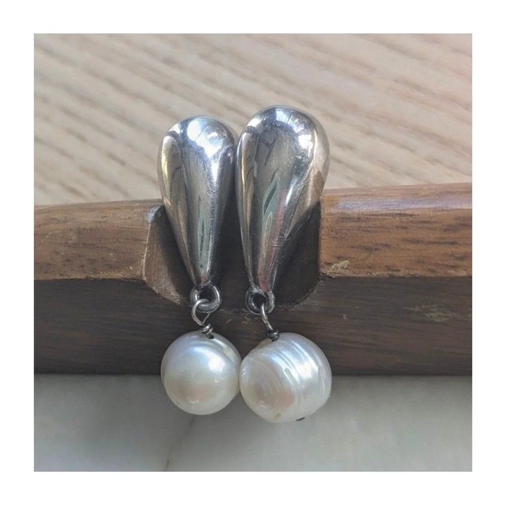 Sterling Silver Teardrop Baroque Freshwater Pearl Drop‎ Earrings 925 Modernist
